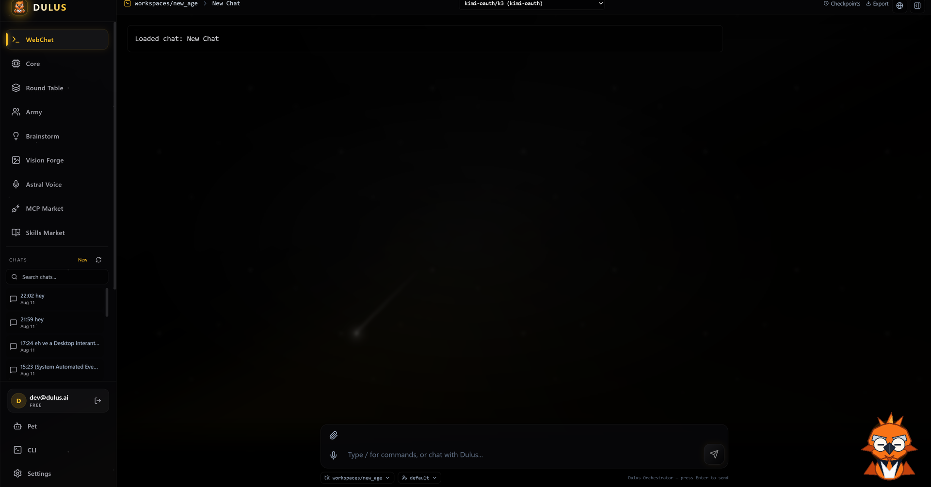 Dulus command center showing WebChat, model selection and desktop navigation
